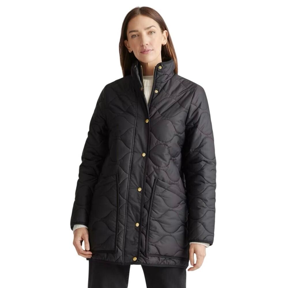New Quince Women’s XS Featherless Quilted Long Puffer Jacket Black Gold Y2K